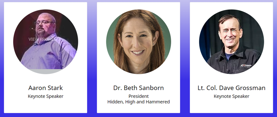 Photos of Aaron Stark, Dr. Beth Sanborn, and Lt. Col. Dave Grossman, Keynote presenters
