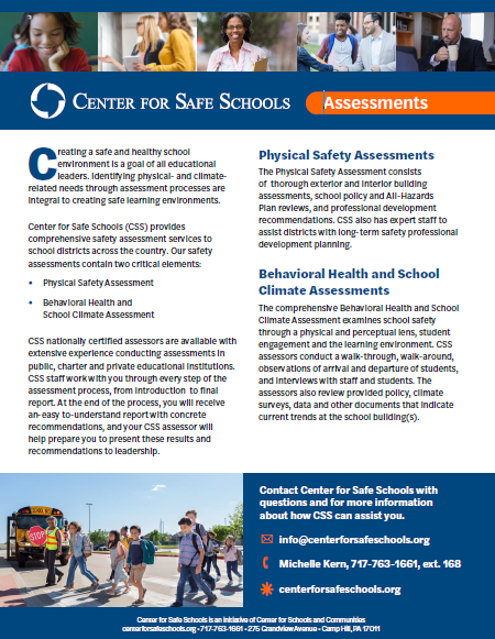 Screenshot of Center for Safe Schools assessments flyer. Information can be found at www.centerforsafeschools.org. 