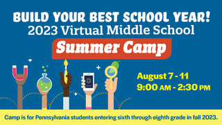 Build Your Best School Year! 2023 Virtual Middle School Summer Camp, August 7-11, 9 a.m. to 2:30 p.m. Camp is for PA students entering 6-8 grade. 