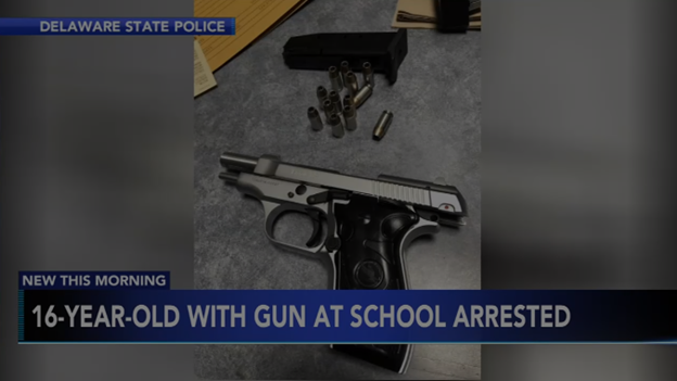 Delaware State Police News this morning. 16 year old with gun at school arrested. picture of gun with clip and bullets