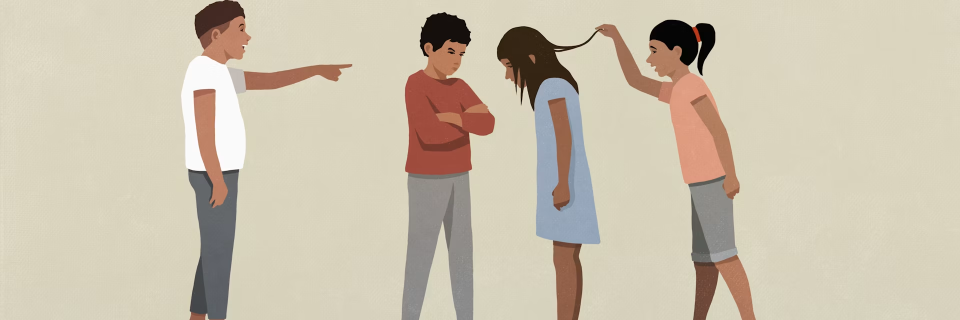 Illustration of children bullying a peer through teasing, intimidation, and hair-pulling.