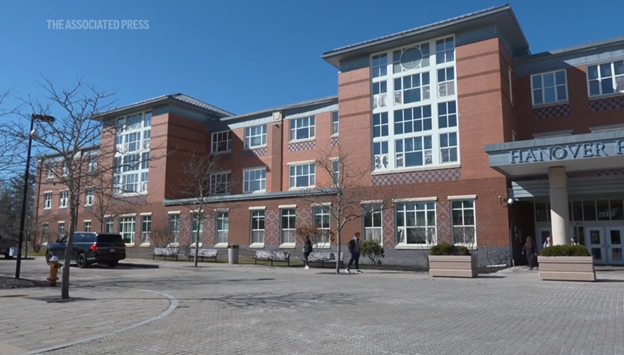 This photo shows the front of the Hanover High School building in Massachusetts.