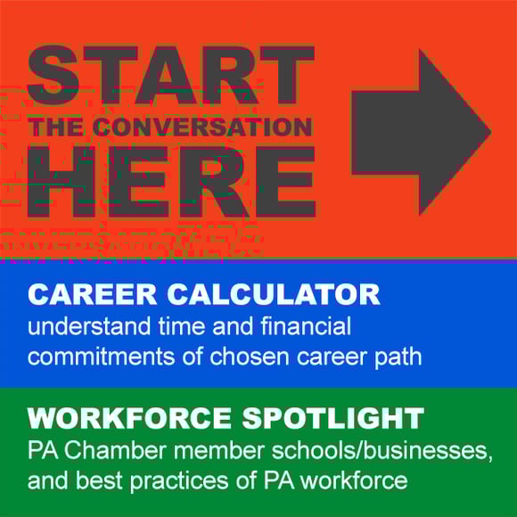 Start the conversation here! Career calculator — understand time and financial commitments of chosen career path. Workforce spotlight — PA Chamber member schools and businesses, and best practices of PA workforce.