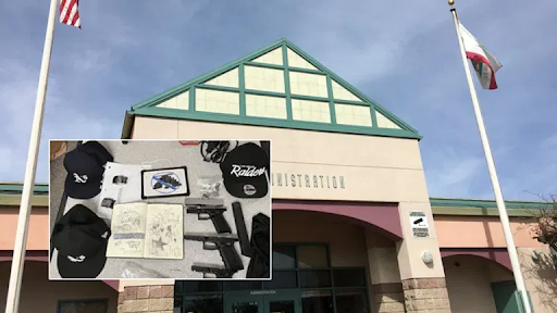 school with two flagpoles